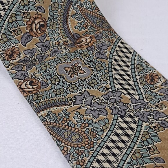 Villa Bugatti Men's Tie 100% Italian Silk Paisley Floral Gold Blue Green Black - Picture 4 of 7